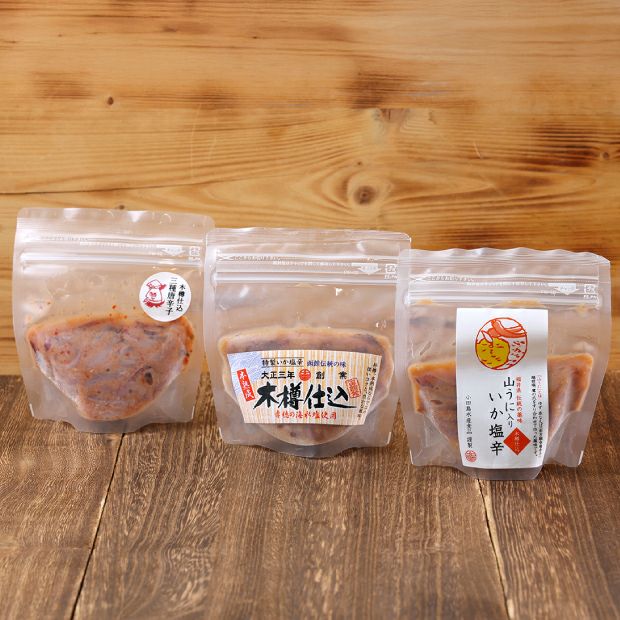 木樽仕込み塩辛「小田島水産食品厳選セット」のパッケージ